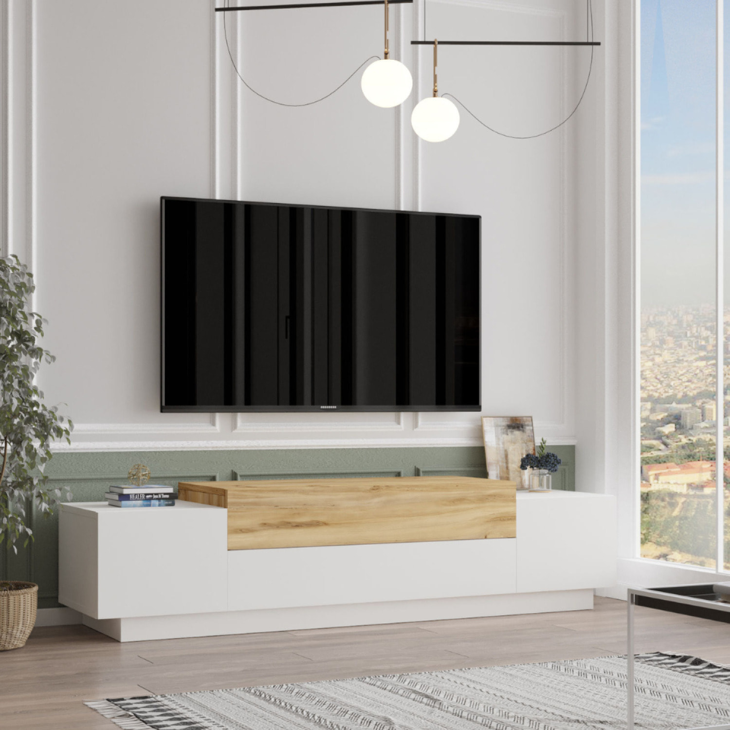 Meuble TV design blanc et bois 160 cm OLEM