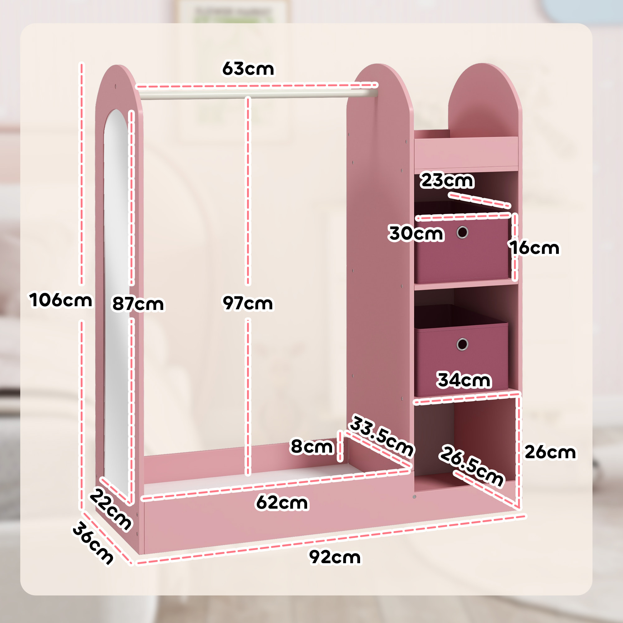 AIYAPLAY Appendiabiti per Bambini con Ripiani, Scatole e Specchio in Legno, Rosa