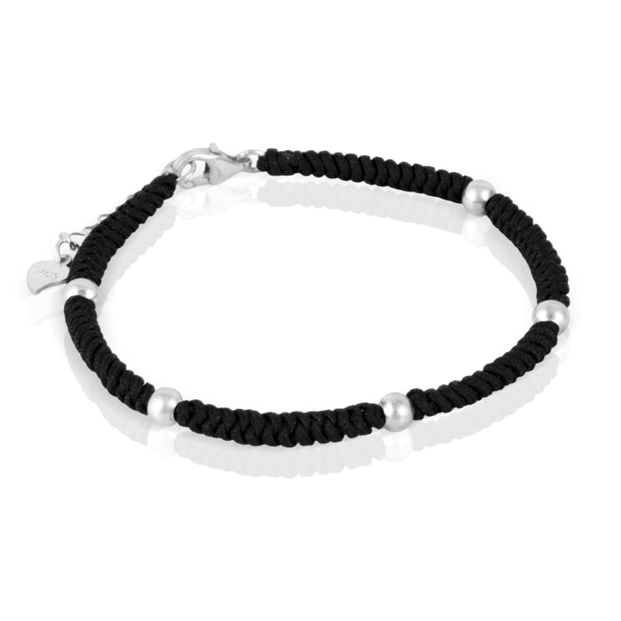 Pulsera negra de hilo de poliéster con diseño enrollado, detalles en plata de ley 925 y cierre de mosquetón.