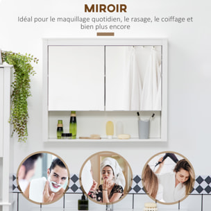 Armoire miroir de salle de bain - 2 portes, étagère, niche - MDF blanc