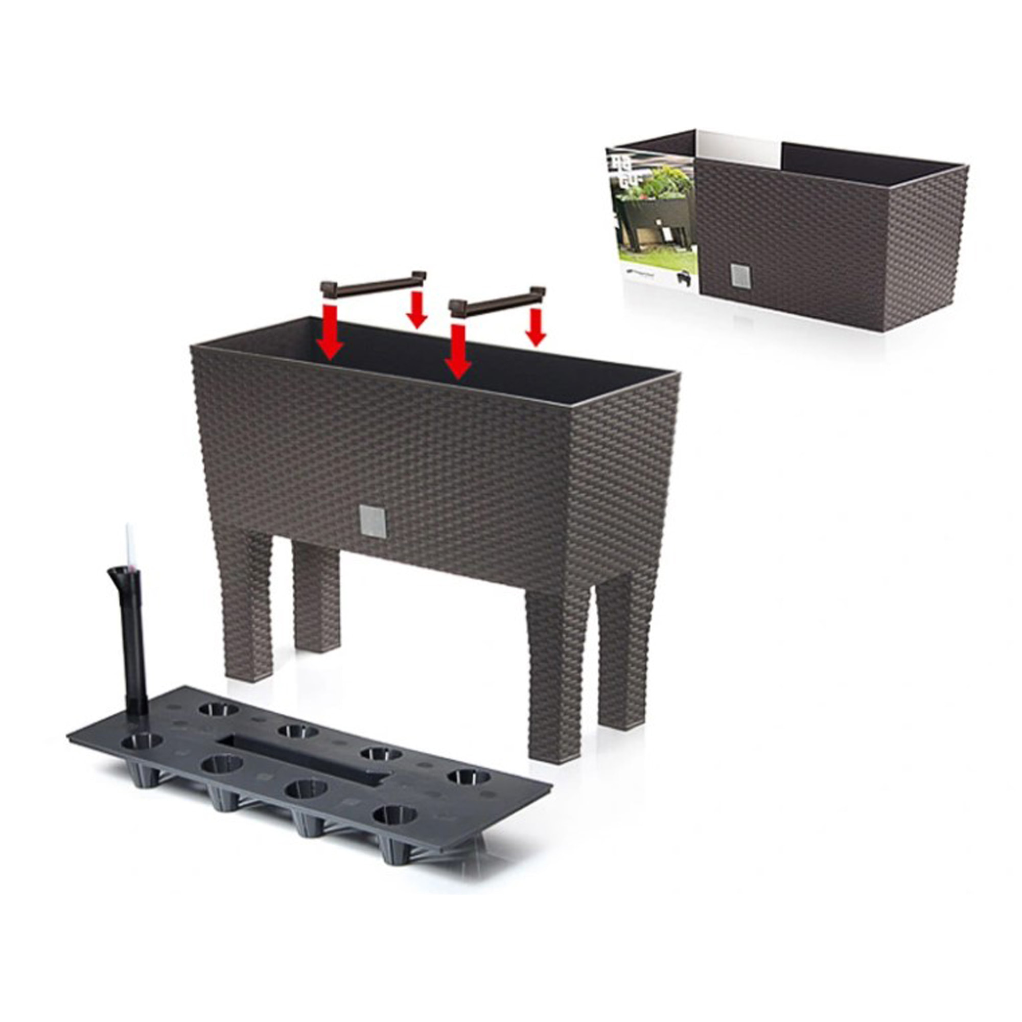 Jardinera alta rectangular 30 litros con autorriego color ocre oscuro 60 x 25 x 46 cm con patas