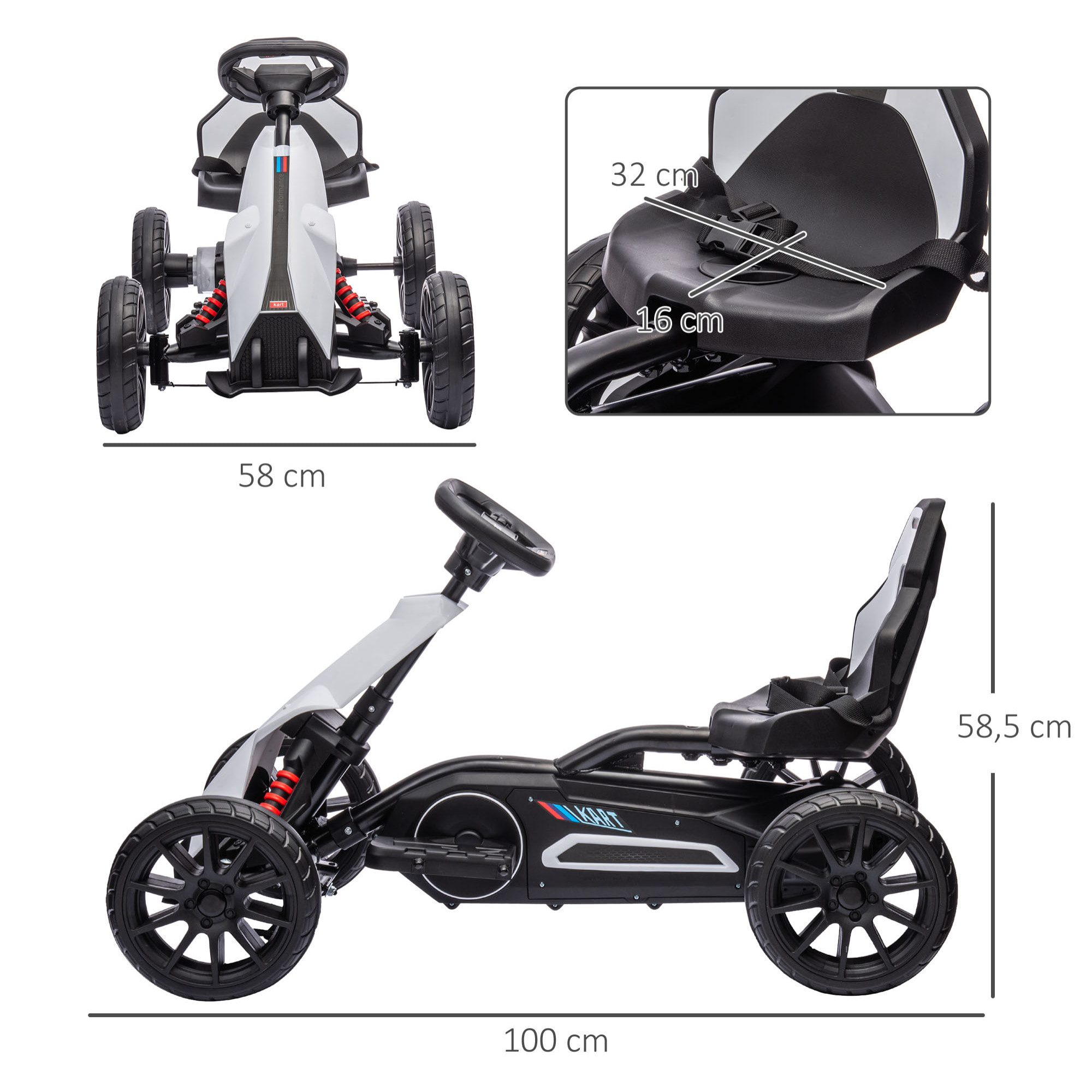 Kart électrique pour enfant 3+ Go kart 12V - 2 vitesses max. 5 Km/h - autonomie max. 50 min. - ceinture - blanc