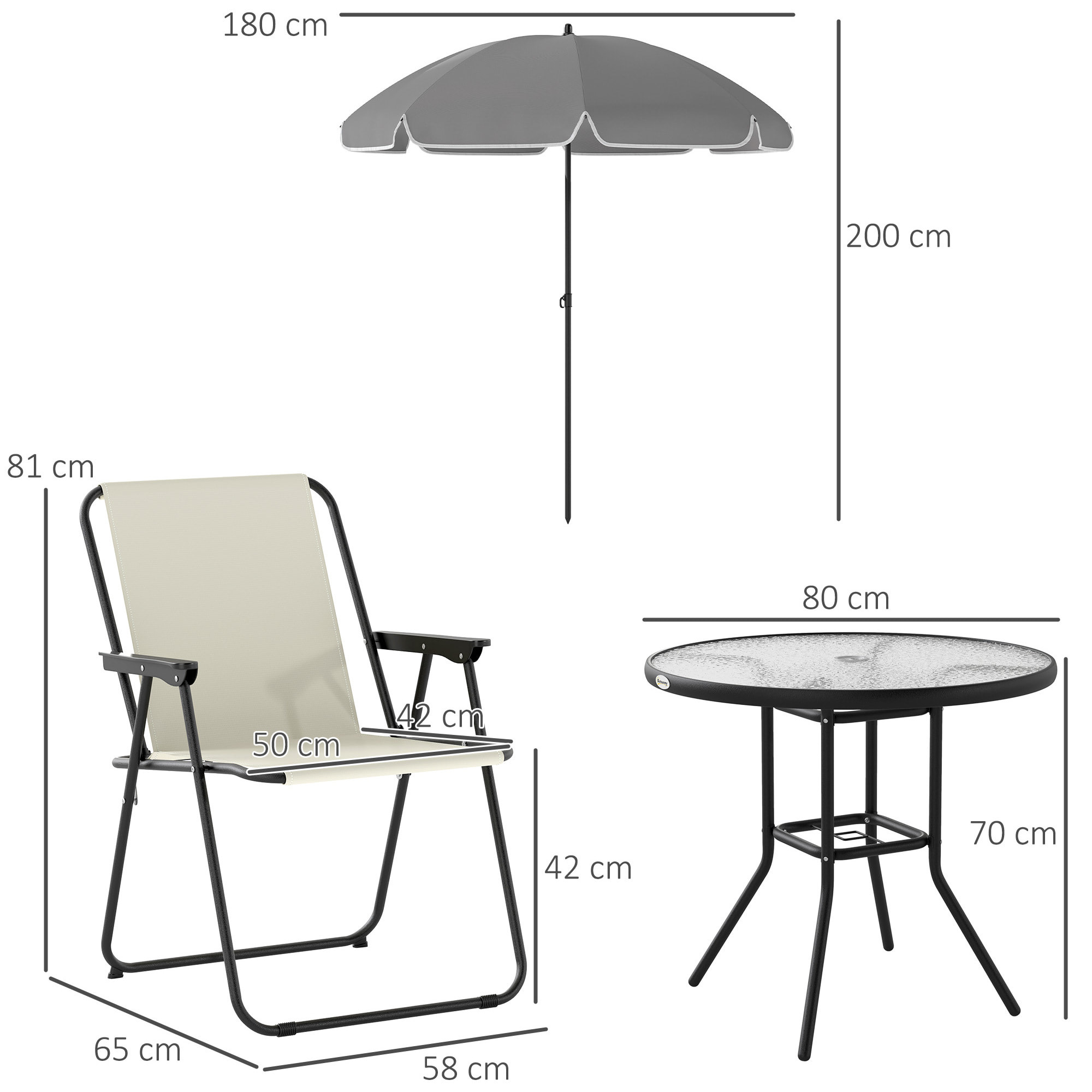 Conjunto de Mesa y Sillas Jardín de 6 Piezas Muebles de Jardín Exterior con 4 Sillas Plegables Mesa de Vidrio y Sombrilla para Terraza Patio Crema