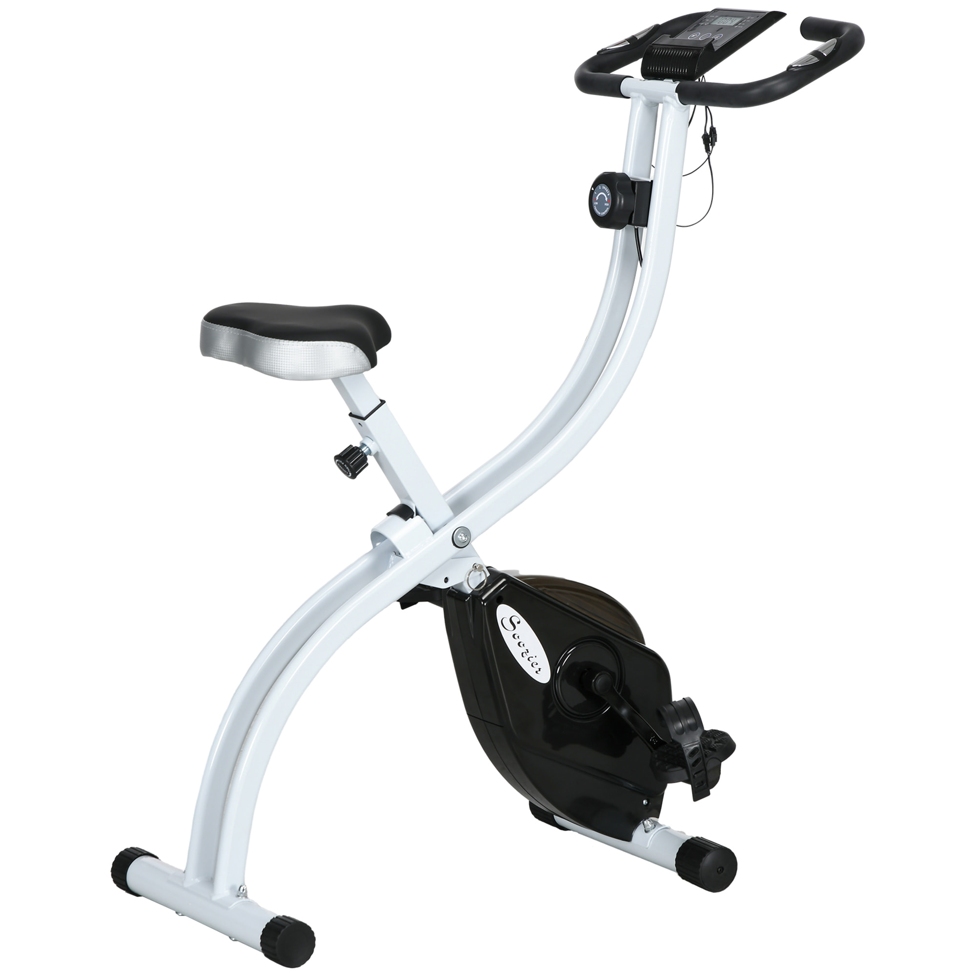 Vélo d'appartement pliant, vélo de fitness, vélo d'intérieur 8 niveaux de résistance magnétique, selle réglable, poignées, écran LCD multifonction, support tablette, acier blanc