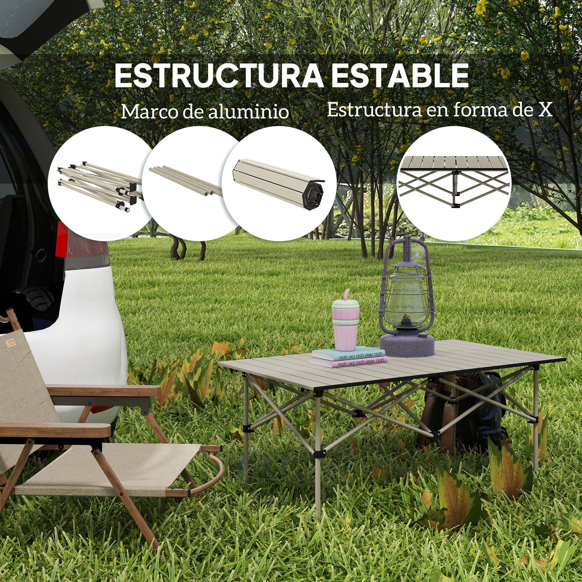 Mesa Plegable Camping de Aluminio 95x55x50 cm con Tapa Enrollable y Bolsa de Transporte Mesa de Picnic Portátil Ligera para Acampar Senderismo Playa Caqui