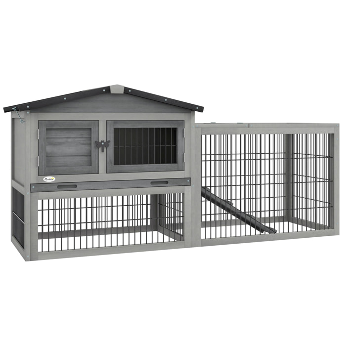 Clapier cage à lapins cottage - niche haute, rampe, enclos extérieur - plateau excrément, toit ouvrant, 2 portes verrouillables - bois gris