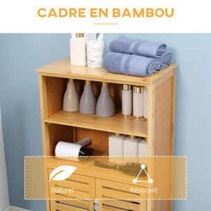 Meuble rangement bas salle de bain bambou style naturel 2 portes avec étagère 2 niches bambou