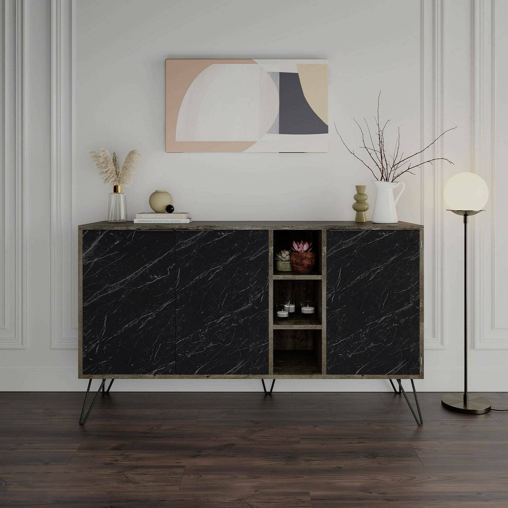 Credenza Dpenz, Buffet da soggiorno, Madia da salotto, Dispensa da cucina, 142x36h83 cm, Ossido e Nero Marmo