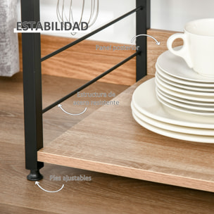 HOMCOM Estante de Cocina Estantería para Microondas con 4 Niveles Ganchos y Pies Ajustables Estantes de Almacenaje 60x40x125 cm Madera Natural