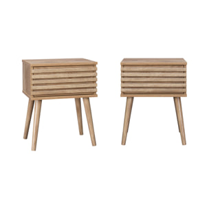 Lot de deux tables de chevet style scandinave décor bois avec tiroir rainuré et pieds compas