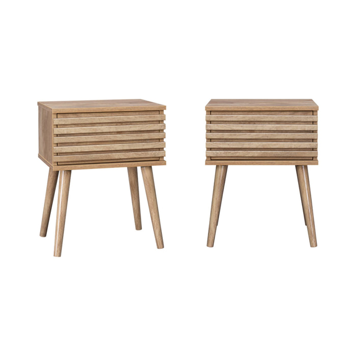 Lot de deux tables de chevet style scandinave décor bois avec tiroir rainuré et pieds compas