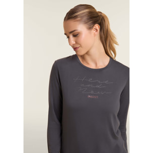 T-shirt donna manica lunga con scritta e strass