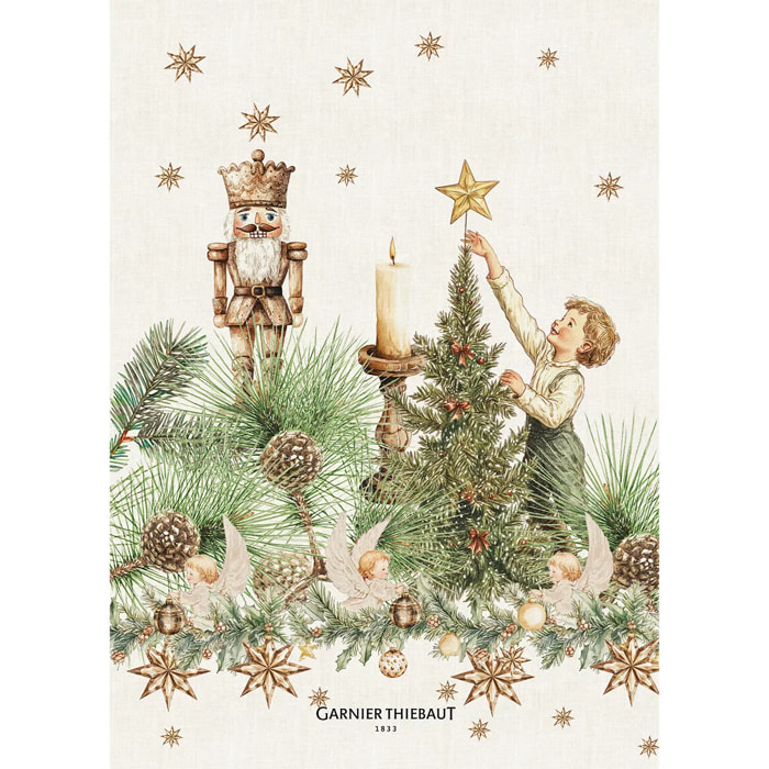 Torchon lin & coton lavé 190 g/m² imprimé jaune vert Noel vintage dore