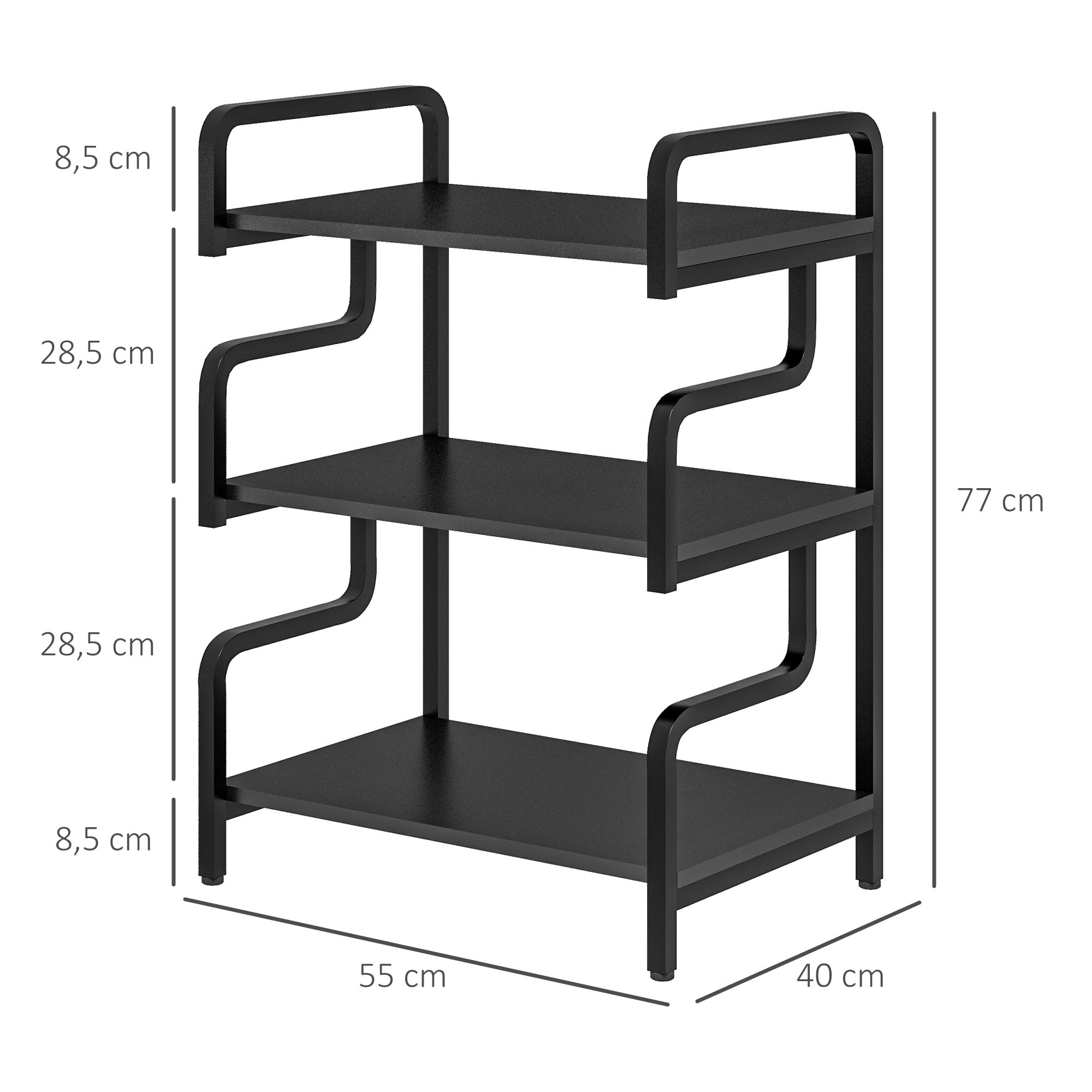 HOMCOM Soporte para Impresora de 3 Niveles, Mueble para Impresora con Marco de Acero, Estantería de Almacenamiento Multiusos para Escáner y Fax en Oficina, Casa, 55x40x77 cm, Negro