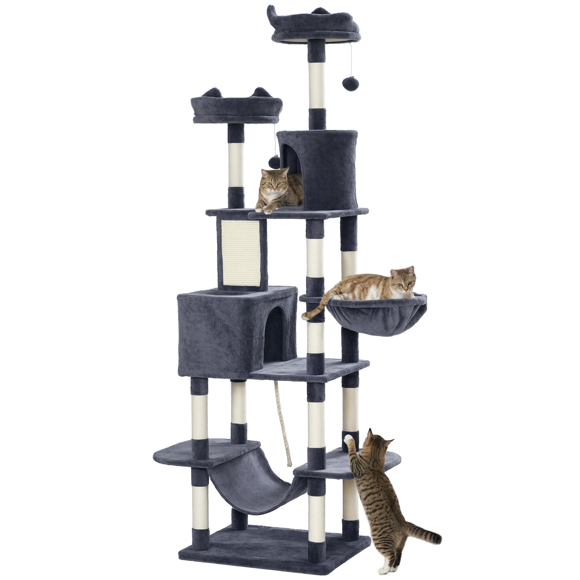 Rascador para Gatos Grande Altura 206 cm Árbol para Gatos Torre de Escalera con Plataformas Cuevas Bolas Colgantes y Hamacas Gris Oscuro