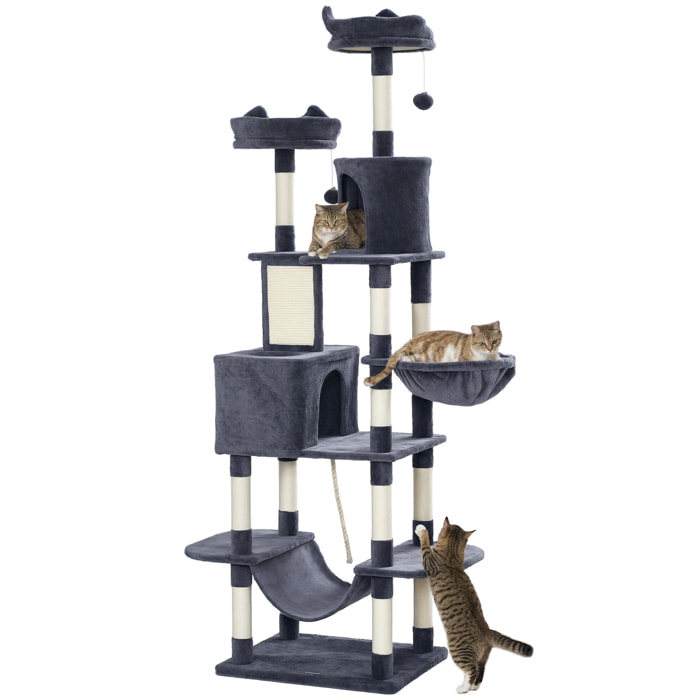 Rascador para Gatos Grande Altura 206 cm Árbol para Gatos Torre de Escalera con Plataformas Cuevas Bolas Colgantes y Hamacas Gris Oscuro