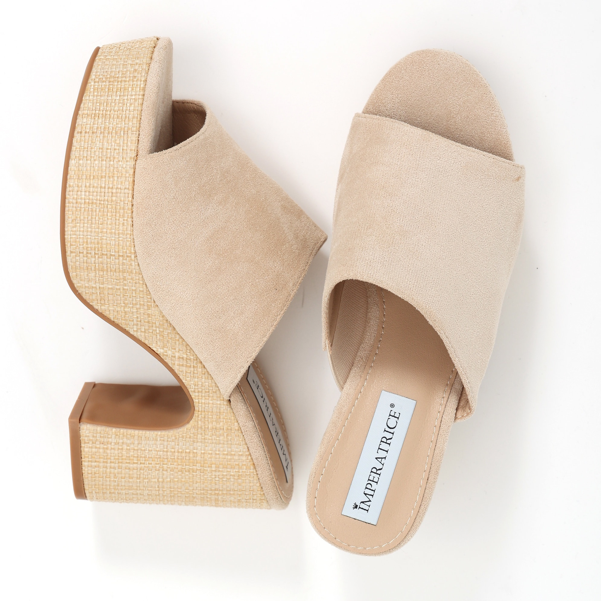 Sandali platform in simil camoscio con tacco in rafia