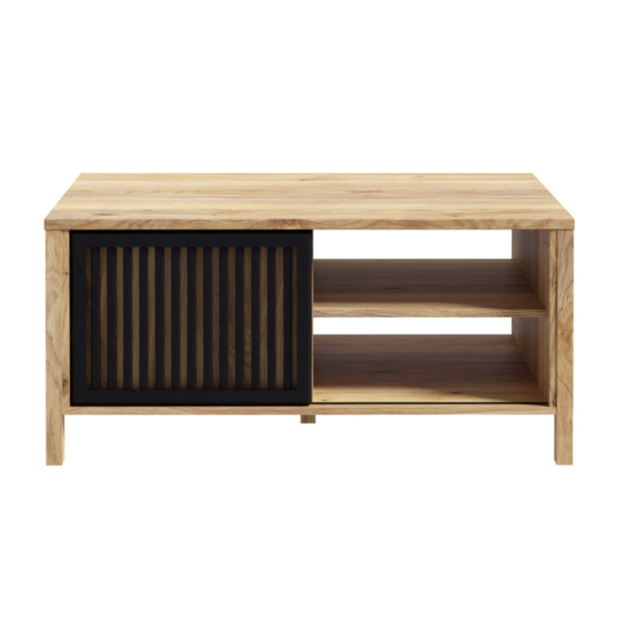 Table basse L106 cm 3 niches 1 porte décor bois chêne et noir - BOSTON