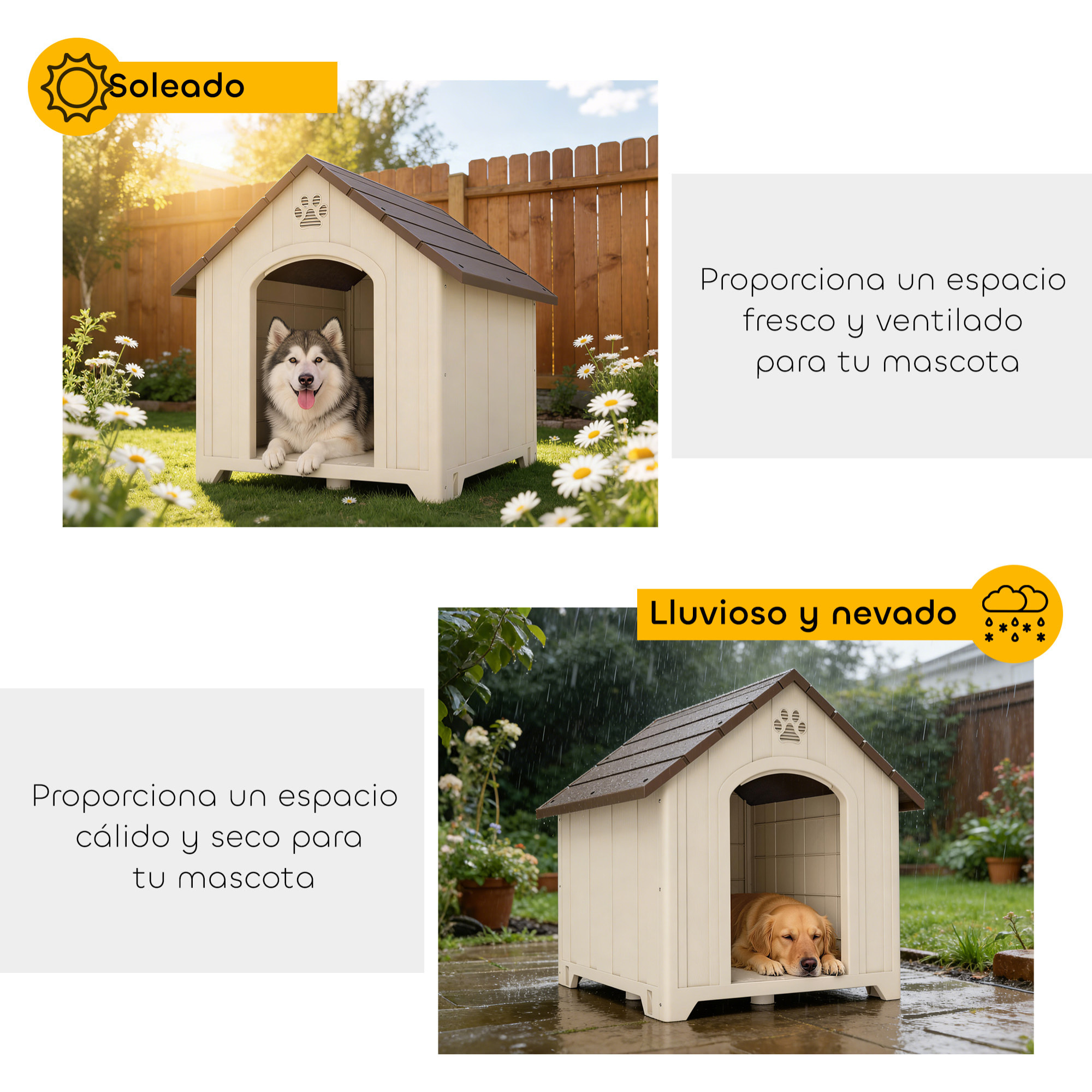 Caseta para Perros Exterior, Casa para Perros Grandes de Plástico Impermeable con 2 Ventanas, Base Elevada, Estacas, Fácil de Montar, 88x79x89 cm, Beige