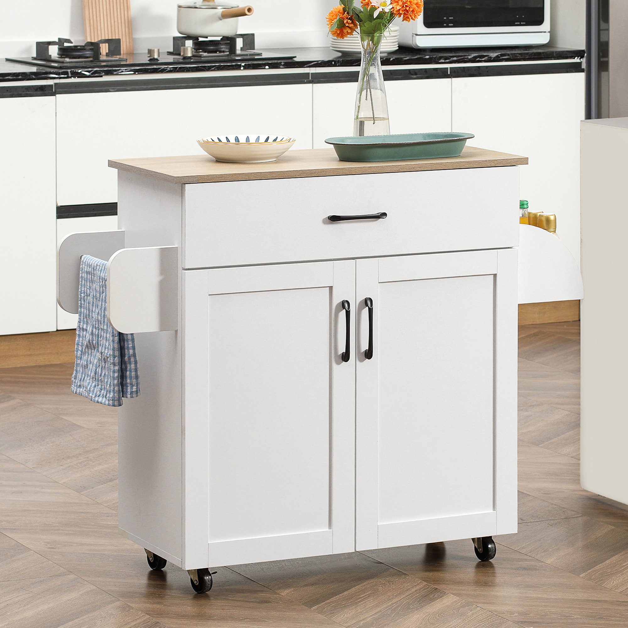 Carro de Cocina con 1 Cajón 2 Puertas Toallero y Especiero 105x36x85 cm Blanco