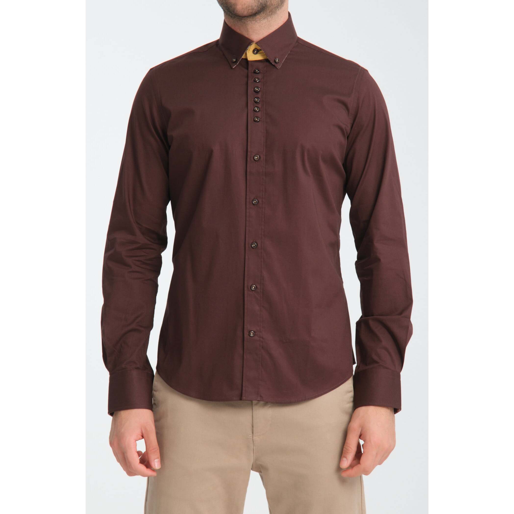 Camicia Uomo 1 Bottoni Button Down Slim Popeline Stretch Unito Marrone