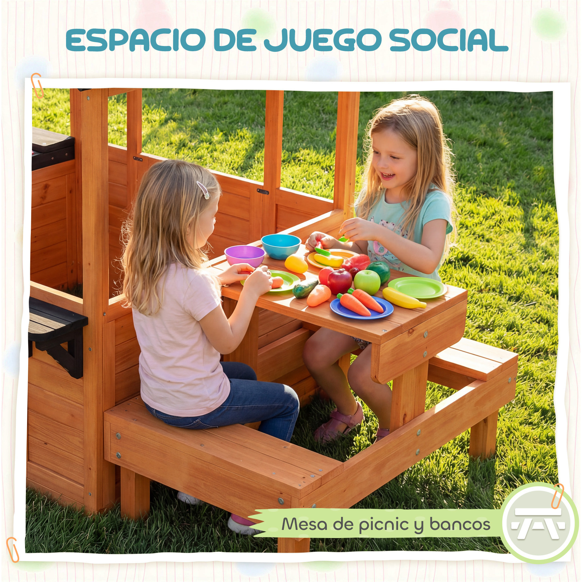 Casita Infantil Exterior e Interior de Madera, Casita Infantil con Barra de Snack y Bancos, Mesa Lateral, Fregadero, Maceteros, Ventanas, Casa de Jardín para Niños de 3-8 Años, Marrón Claro