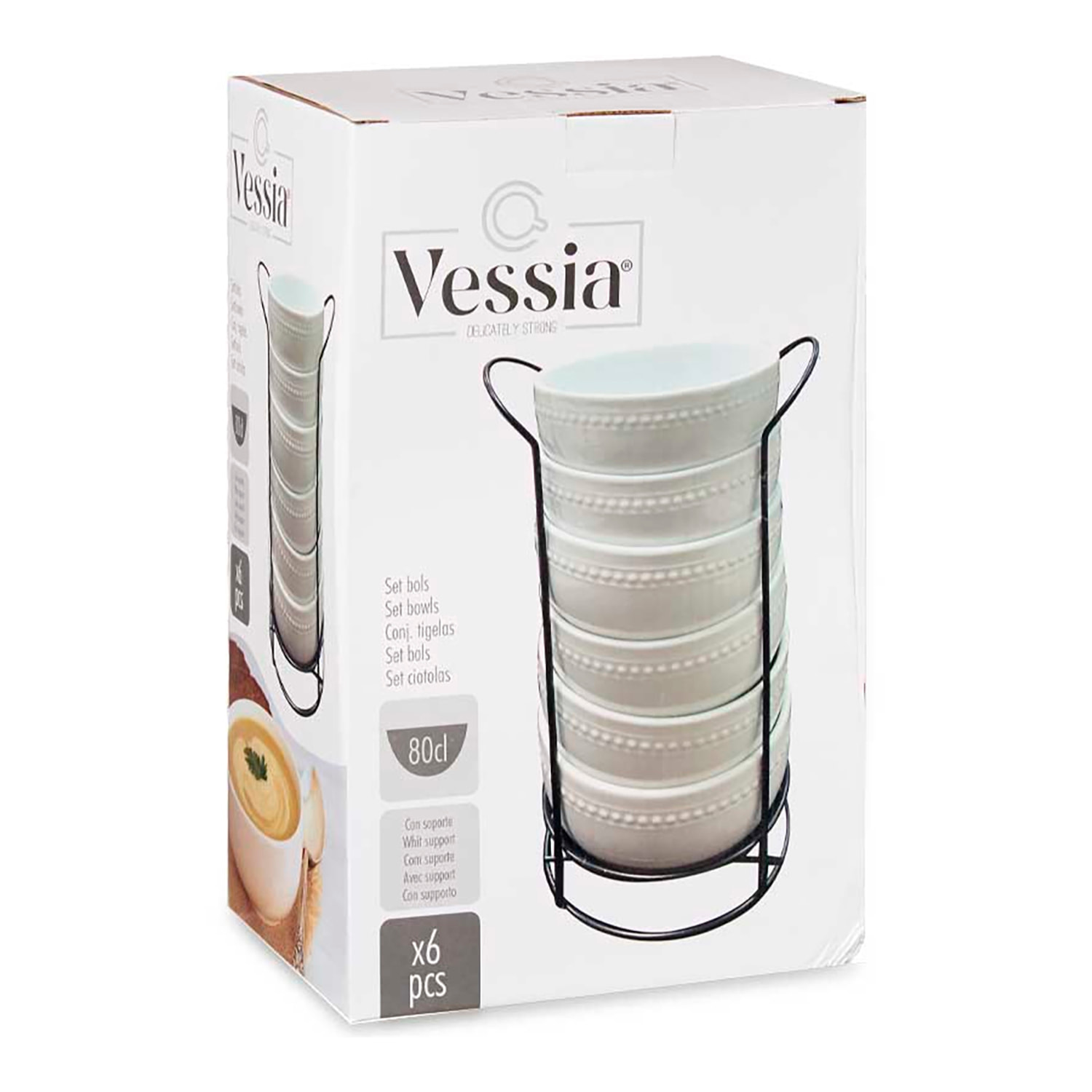 SET 6 BOL PORCELANA BLANCA 800ML C SOPORTE NEGRO