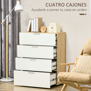 Cómoda con 4 Cajones de Alto Brillo Cajonera de Madera para Dormitorio Salón Oficina Estilo Moderno 70x35x92 cm Blanco y Natural