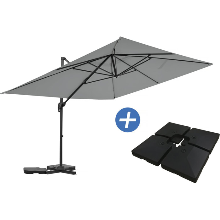 Parasol jardin déporté en aluminium "Sky 4" - 3 x 4 m - Gris - Dalles à lester incluses