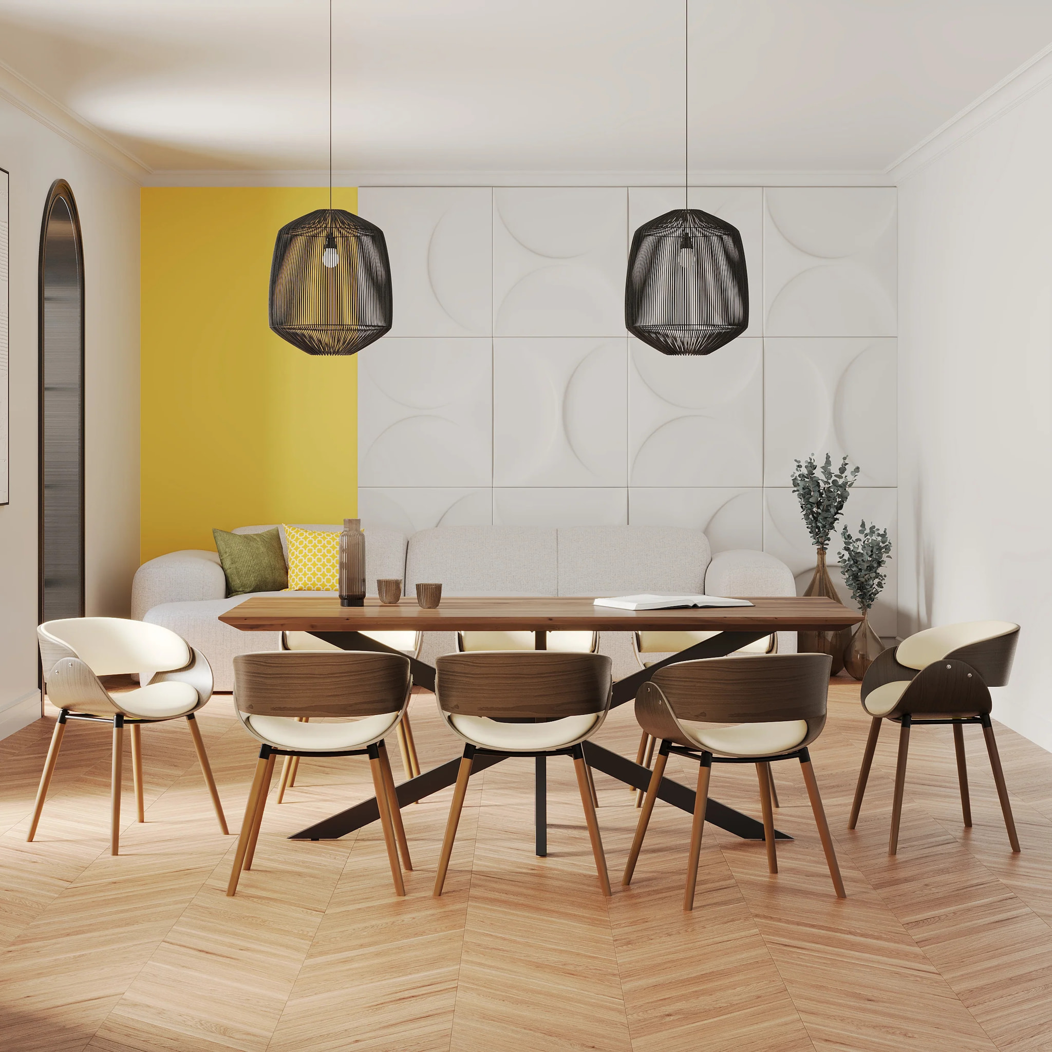 Table et chaises 8 personnes en cuir synthétique beige et bois - Surdiman