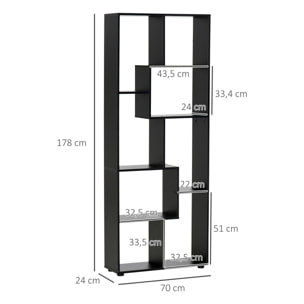 Bibliothèque étagère meuble de rangement dim. 70L x 24l x 178H cm en zigazag et 8 espaces en panneau de particules noir