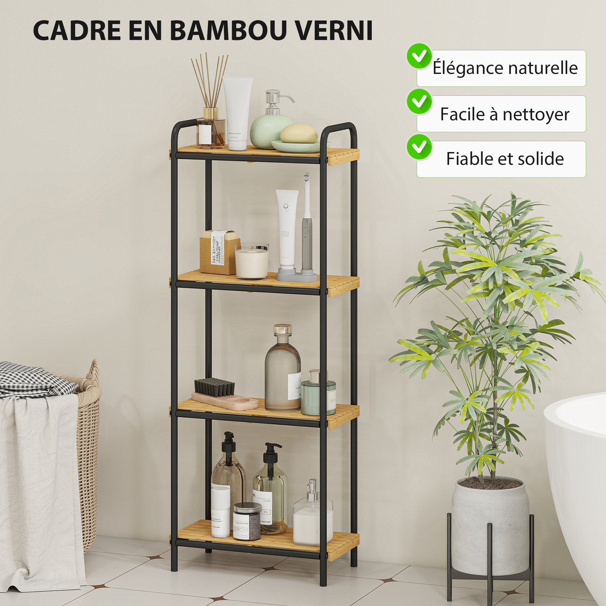 Étagère salle de bain bambou, 4 niveaux, étagère de rangement étroite autoportante cadre en acier pour salon, salle à manger, balcon, cuisine, 41,5 x 21,5 x 106 cm, noir et effet bois naturel