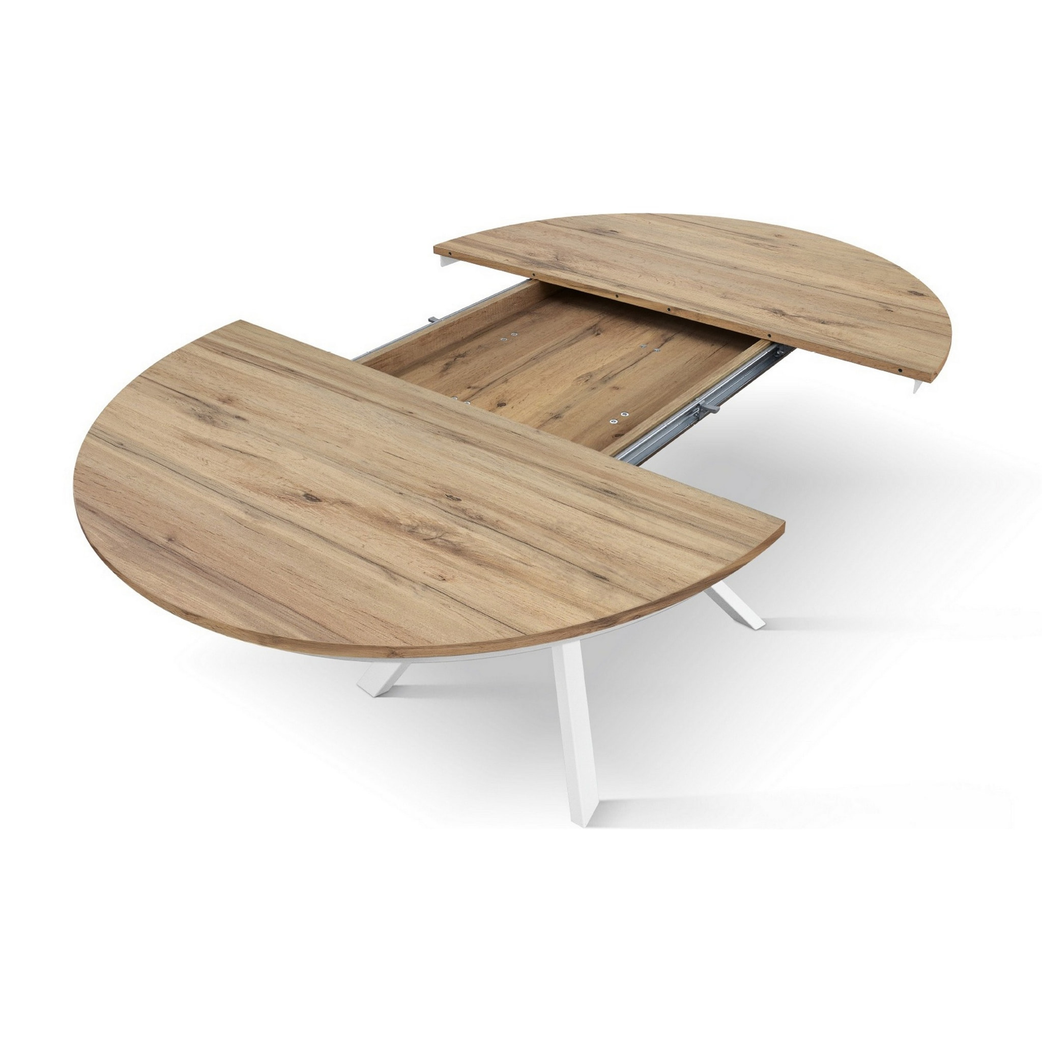 Tavolo rotondo PANTELLERIA in legno effetto rovere rustico con gambe incrociate in metallo bianco, allungabile ⌀120 cm - ⌀170 cm