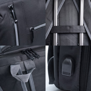 Zaino da cabina multiscomparto, porta laptop 17". Adattabile a Trolley. Presa USB esterna nascosta.
