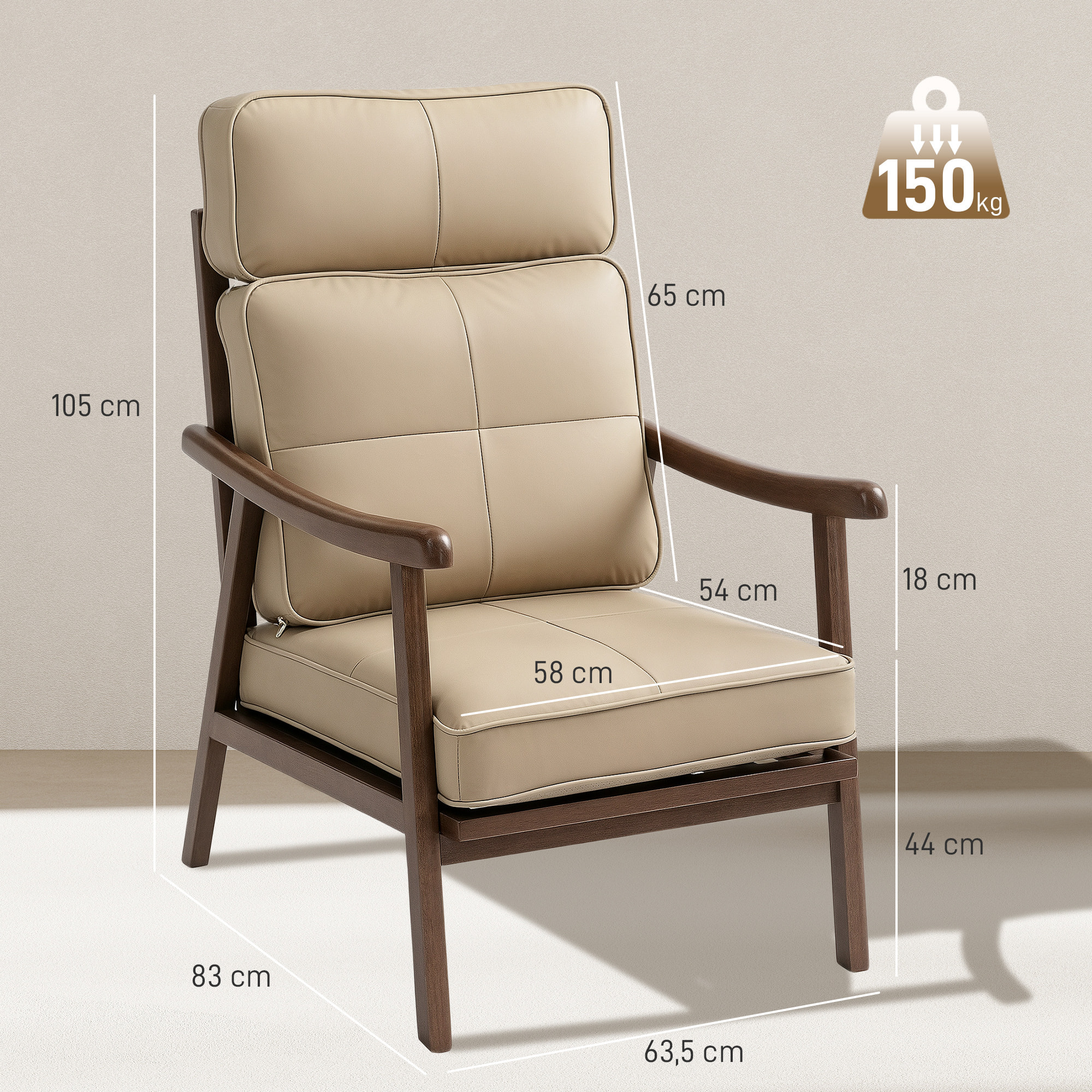 Butaca de Salón Sillón de Salón Tapizado en PU con Marco de Madera Cojines Acolchados Gruesos Respaldo Alto Carga 150 kg Sillón Lectura para Sala de Estar Dormitorio Caqui y Madera Nogal