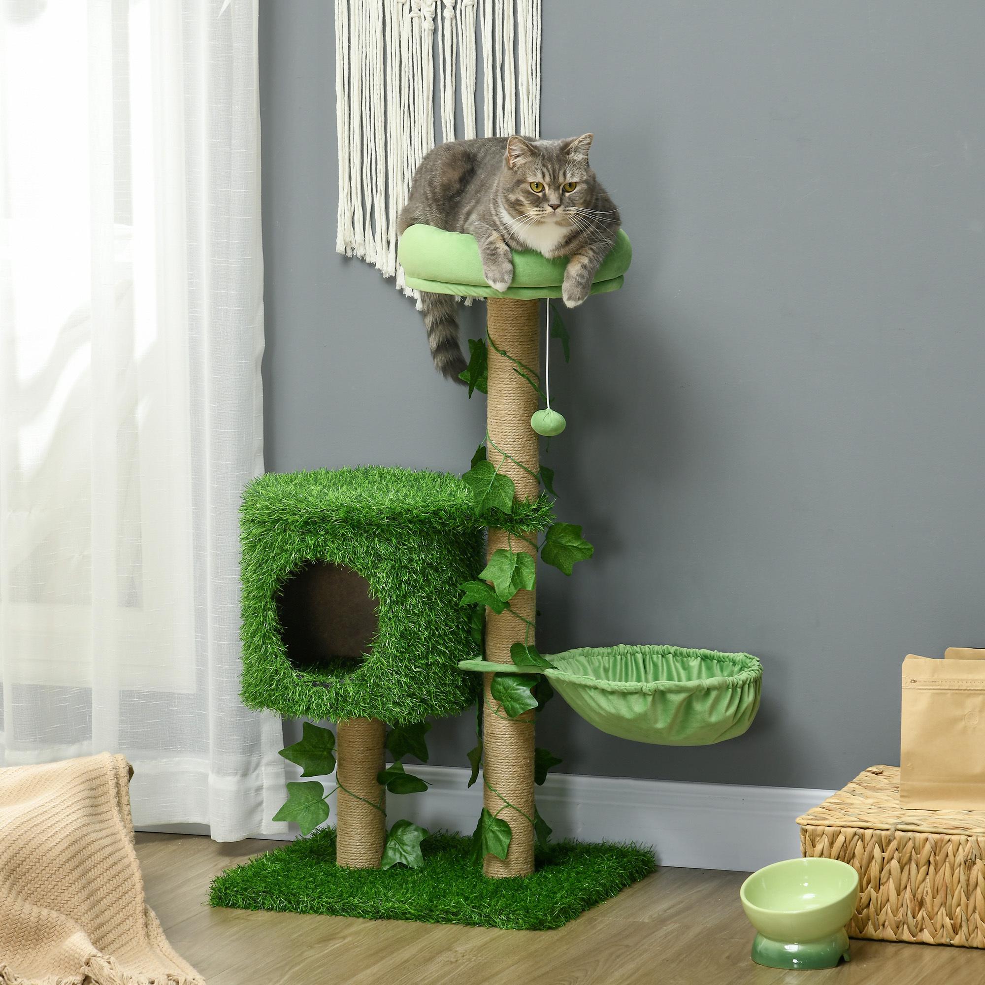 Árbol Rascador para Gatos 91 cm Torre para 1-2 Gatos con Caseta Cama Hamaca Poste de Yute y Bola Colgante 50x40x91 cm Verde