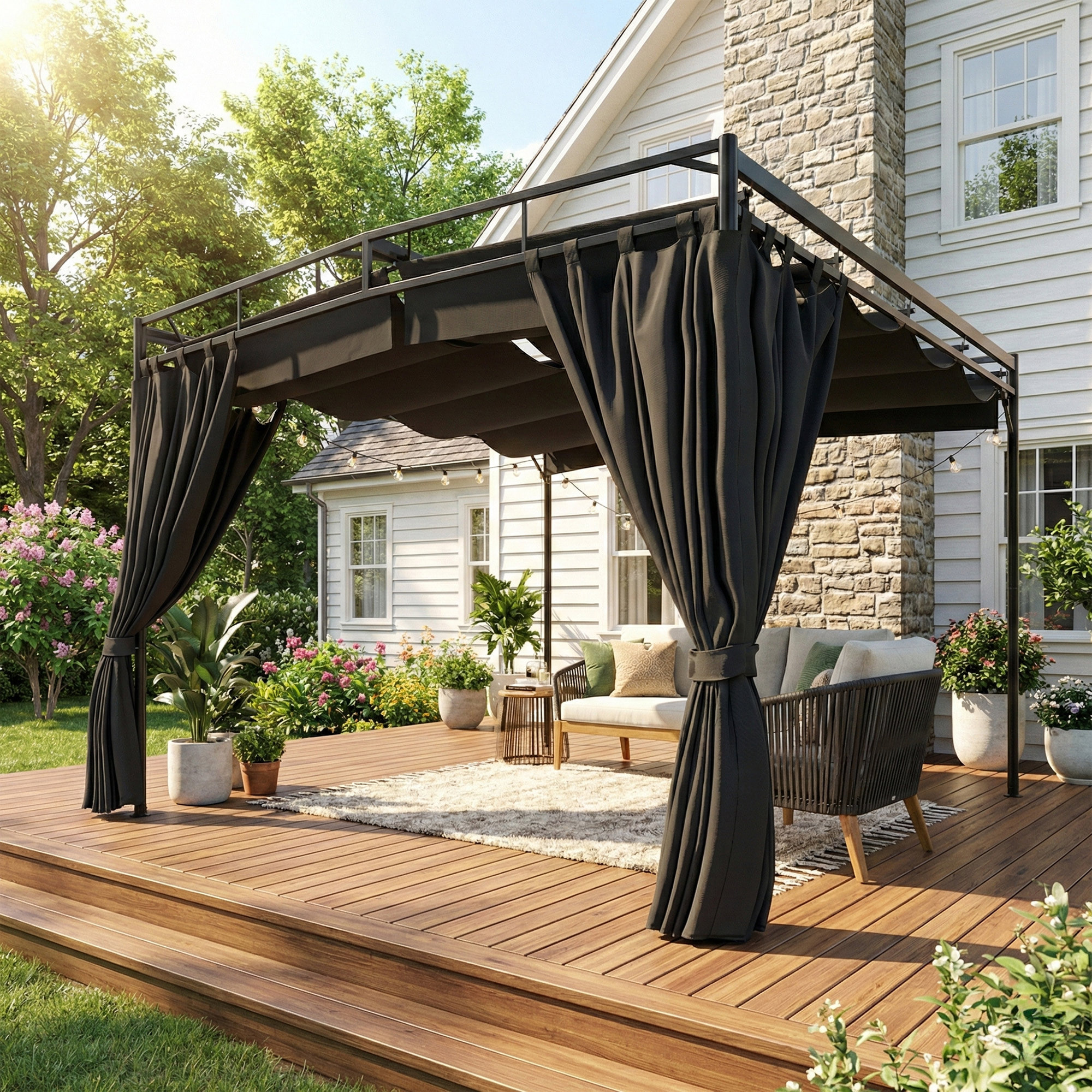 Pergola de jardin toit rétractable rideaux métal gris anthracite