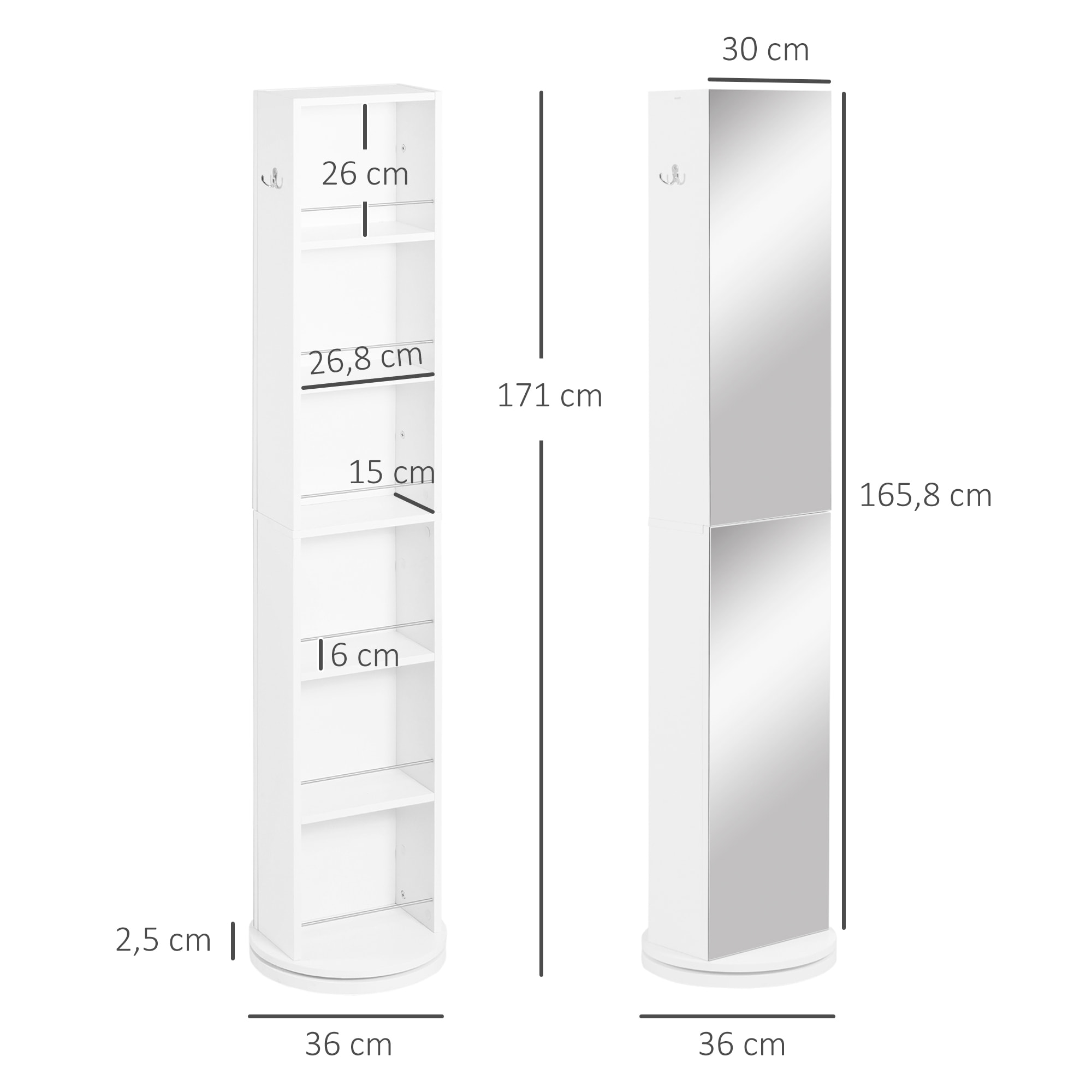 Armario Alto de Baño Giratorio Columna Auxiliar de Baño de 6 Niveles con Espejo de Cuerpo Entero para Dormitorio Aseo 36x36x171 cm Blanco