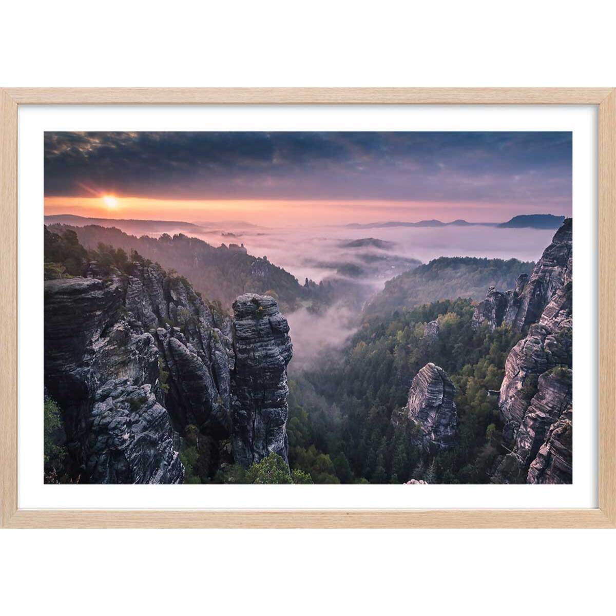 Affiche paysage sunrise on the rocks Affiche + cadre en bois - Chêne