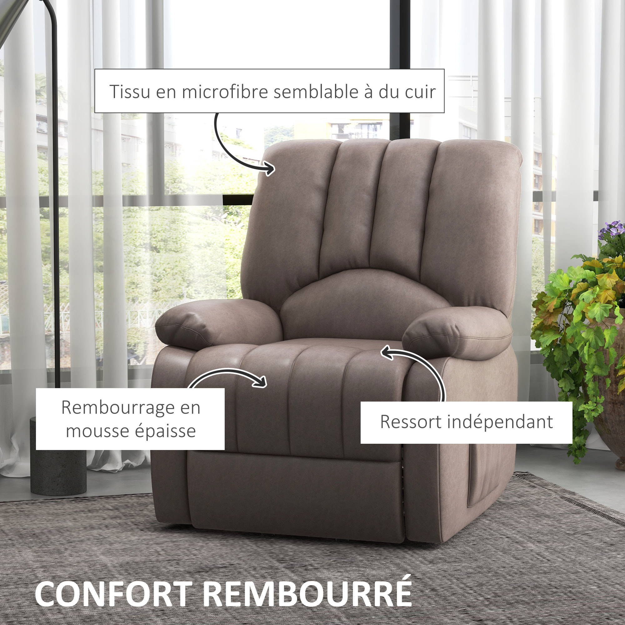 Fauteuil de relaxation électrique - fauteuil releveur inclinable - repose-pied ajustable - microfibre polyester gris