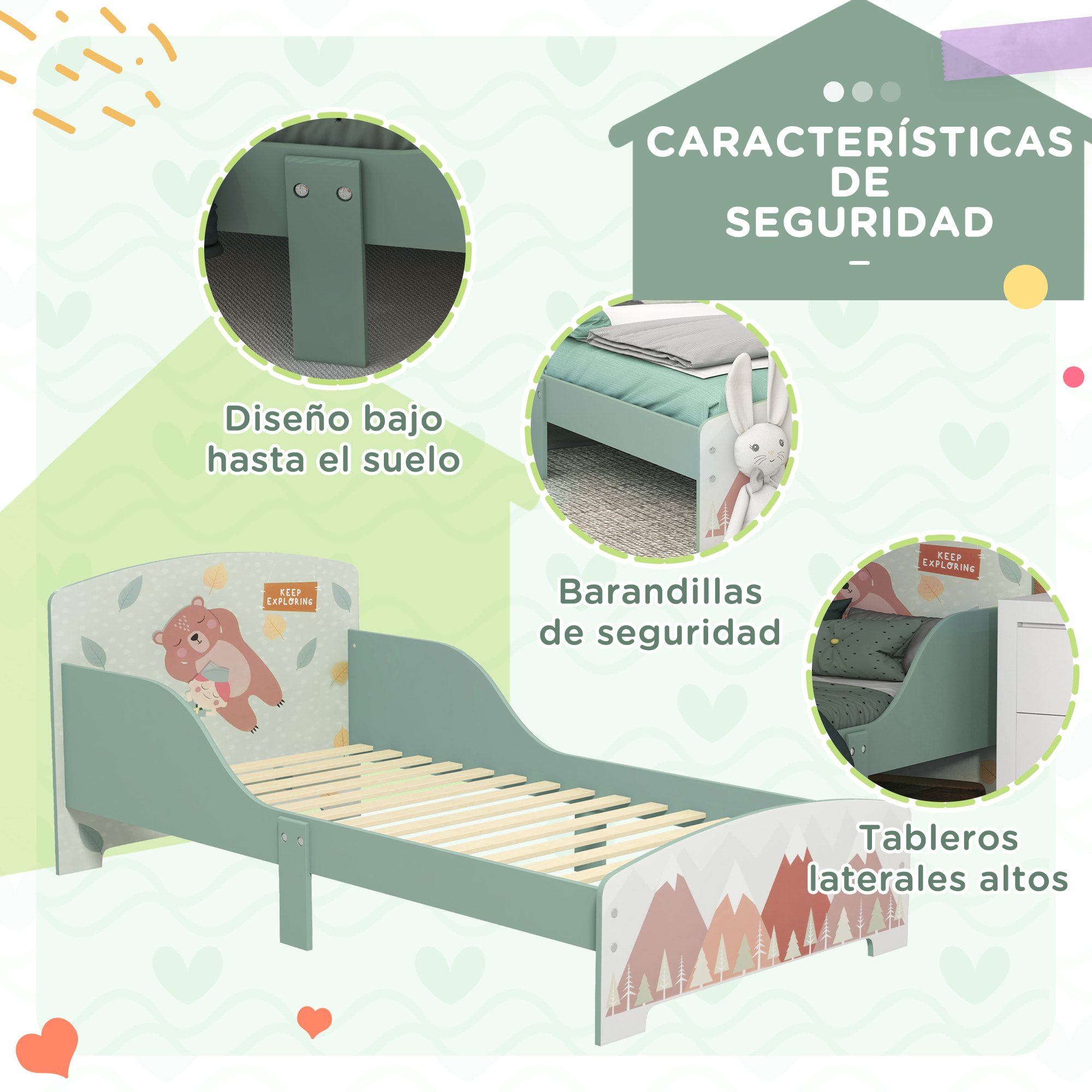 Conjunto para Niños Incluye 1 Cama Infantil de Madera Carga Máx. 40 kg 143x77x60 cm y 1 Baúl de Almacenamiento 60x37x39 cm con Estampados Verde
