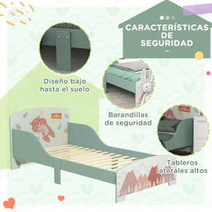 Conjunto para Niños Incluye 1 Cama Infantil de Madera Carga Máx. 40 kg 143x77x60 cm y 1 Baúl de Almacenamiento 60x37x39 cm con Estampados Verde
