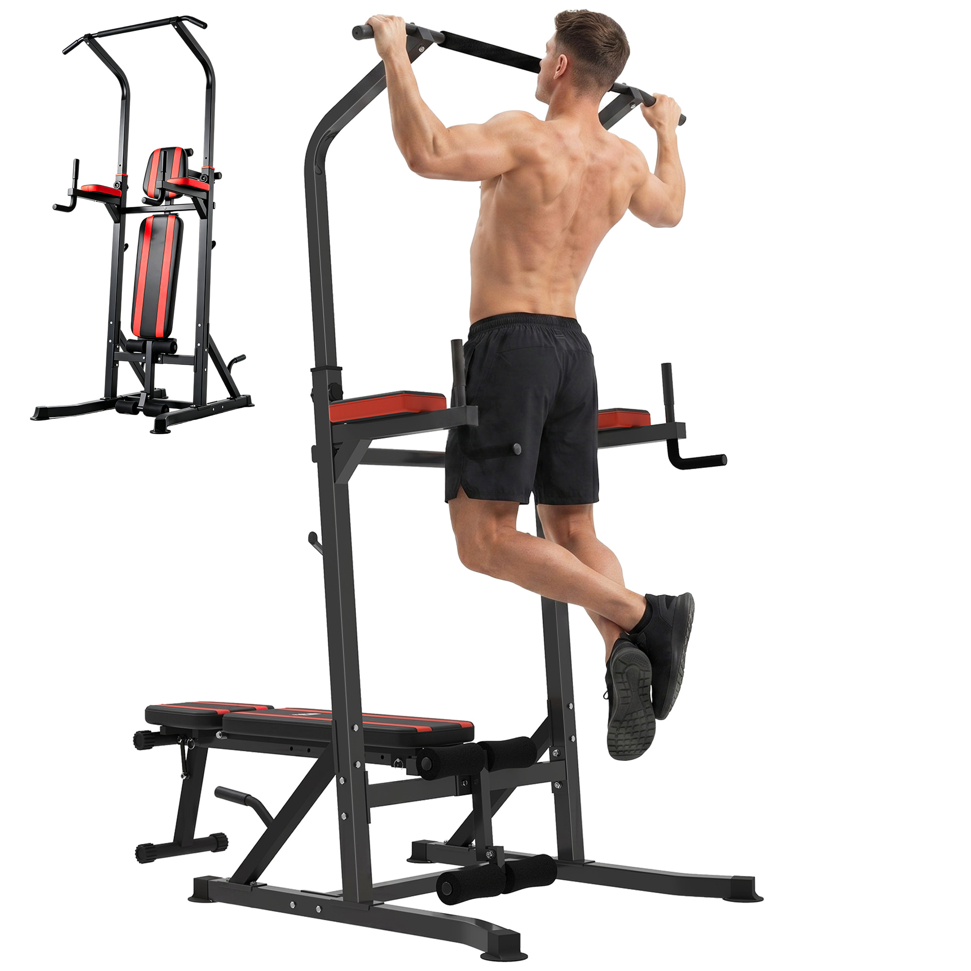 Estación de Musculación Plegable Torre de Entrenamiento Altura Ajustable con Barra de Dominadas Banco Reclinable para Fitness en Casa Gimnasio Carga 150 kg Antideslizante Acolchada Negro y Rojo