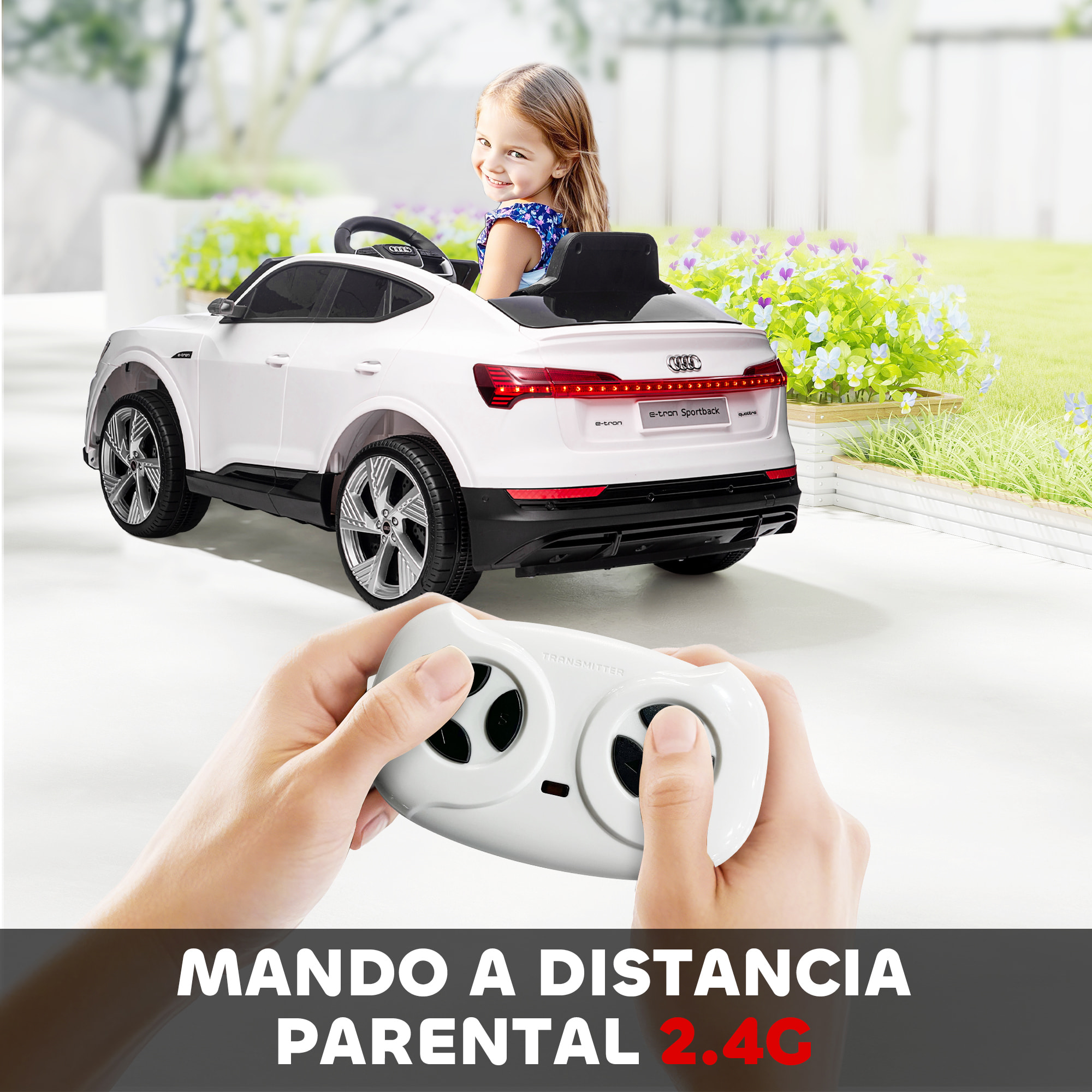 Coche Eléctrico para Niños de +3 Años Audi E-tron, Coche de Batería 12V con Mando a Distancia, Faros LED, Bocina, Música, USB, Apertura de Puerta y Velocidad 3-5 km/h, Blanco