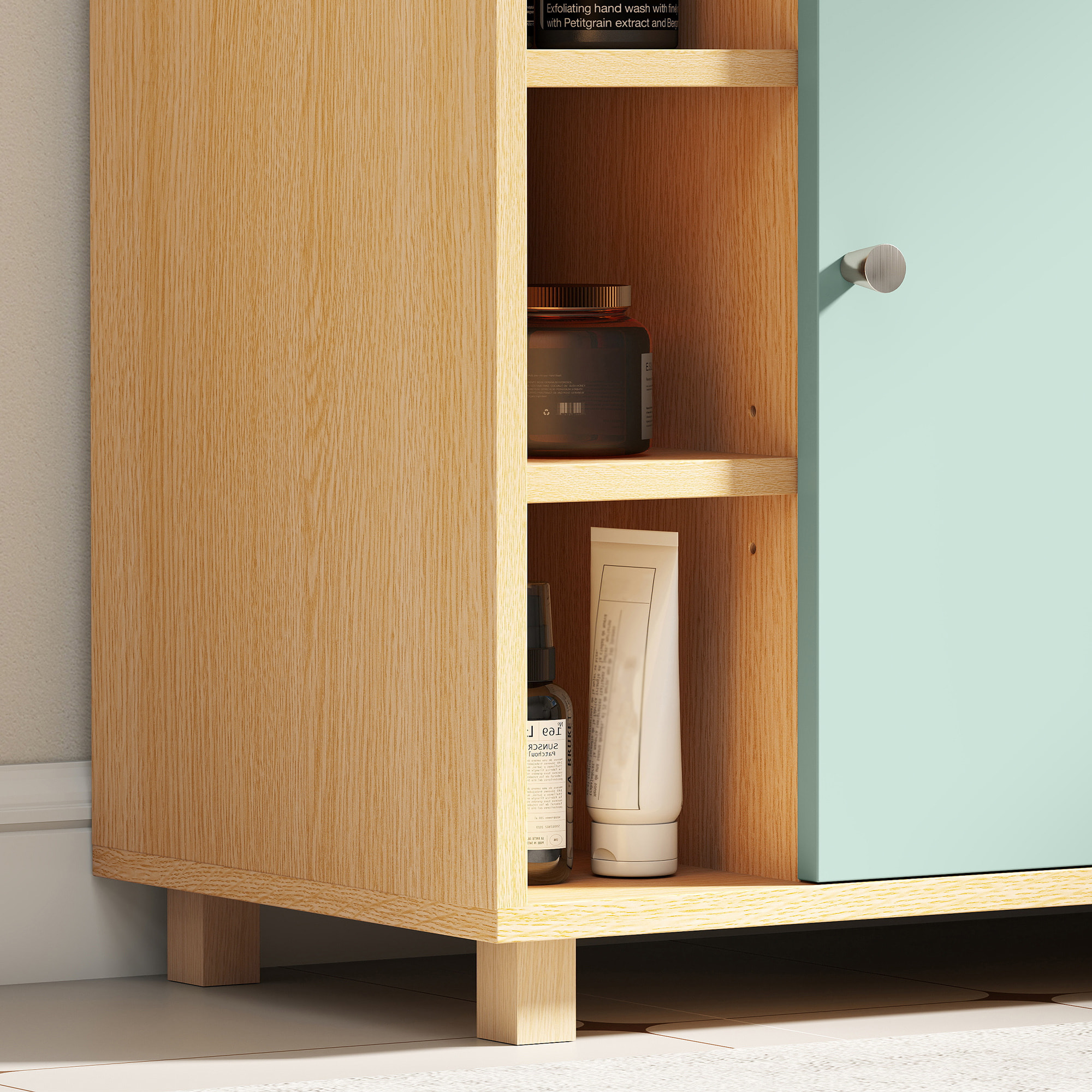 Meuble sous vasque 6 niches porte étagère dim. 60 x 33 x 57 cm effet bois clair vert d'eau