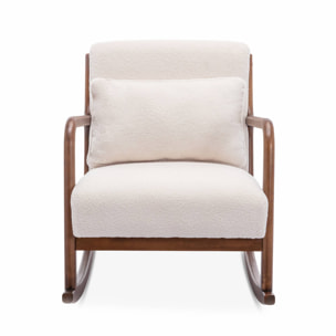 Fauteuil à bascule design en bois et tissu. bouclettes blanches. structure hévéa teinté noyer foncé