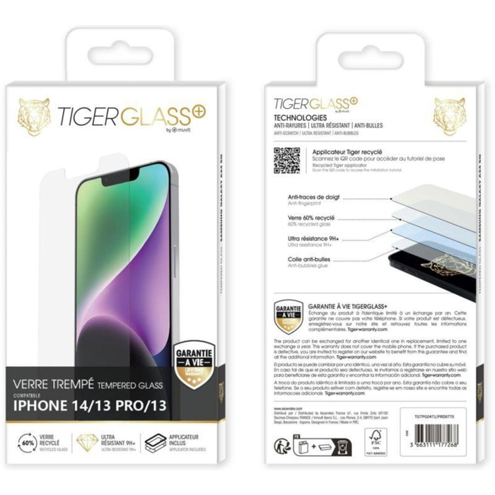 Protège écran TIGER GLASS iPhone 14/13/13 Pro verre trempé recyclé