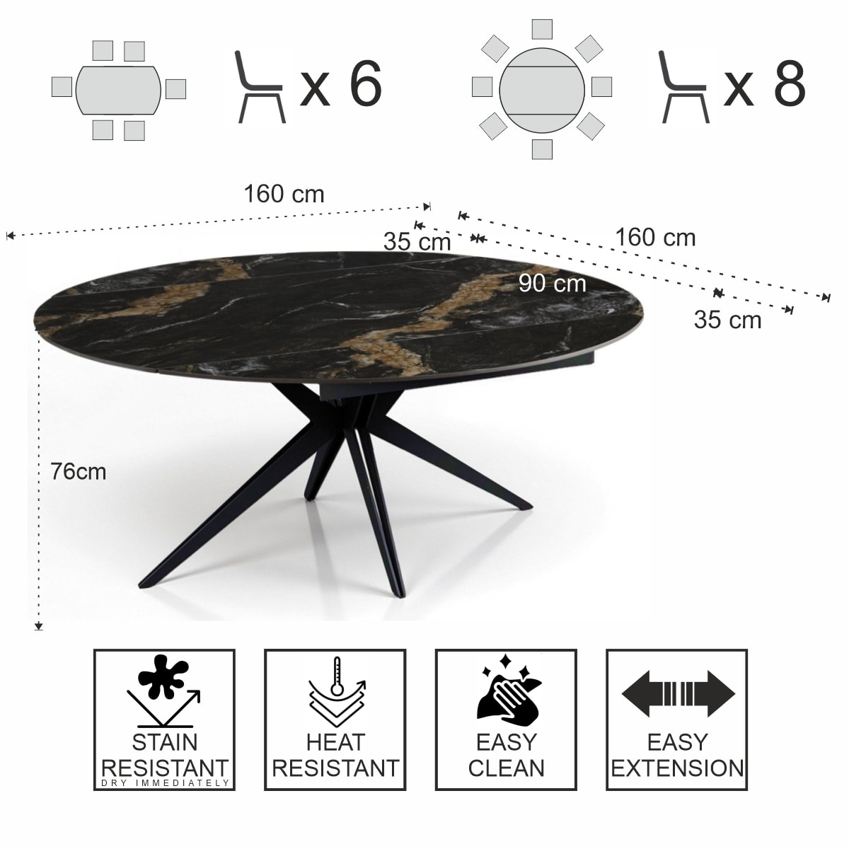 Table à manger extensible Tomasucci FACT, en céramique, marbre noir, gris, 160 x 90-125-160 cm