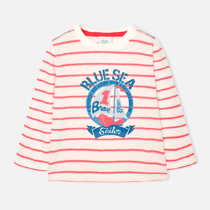 Camiseta niÃ±o, algodÃ³n, estampado de rayas, coral