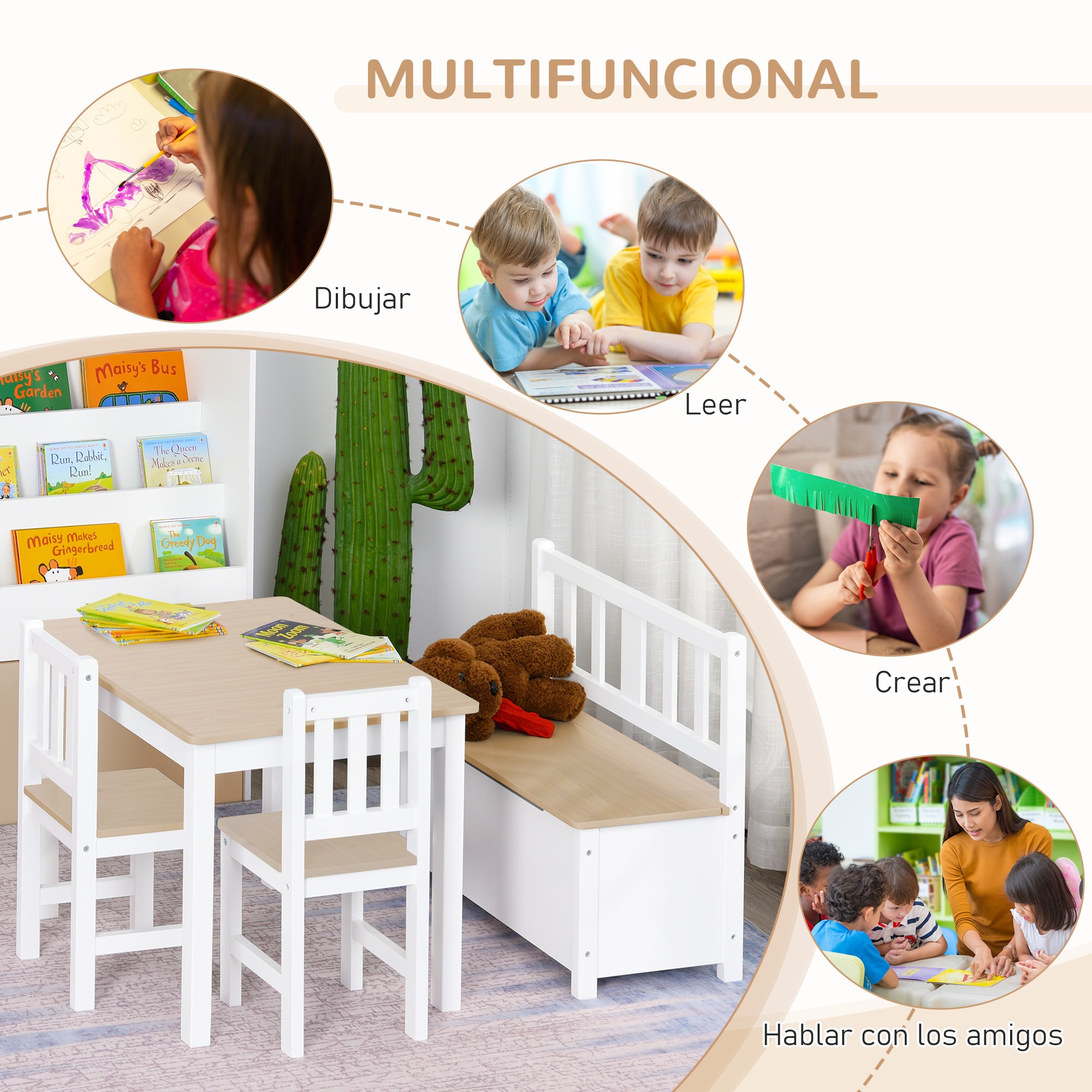 Conjunto de Mesa 2 Sillas y Banco para Niños de Madera con Espacio de Almacenamiento Muebles Infantiles para Sala de Juegos Habitación de Niños Blanco y Natural